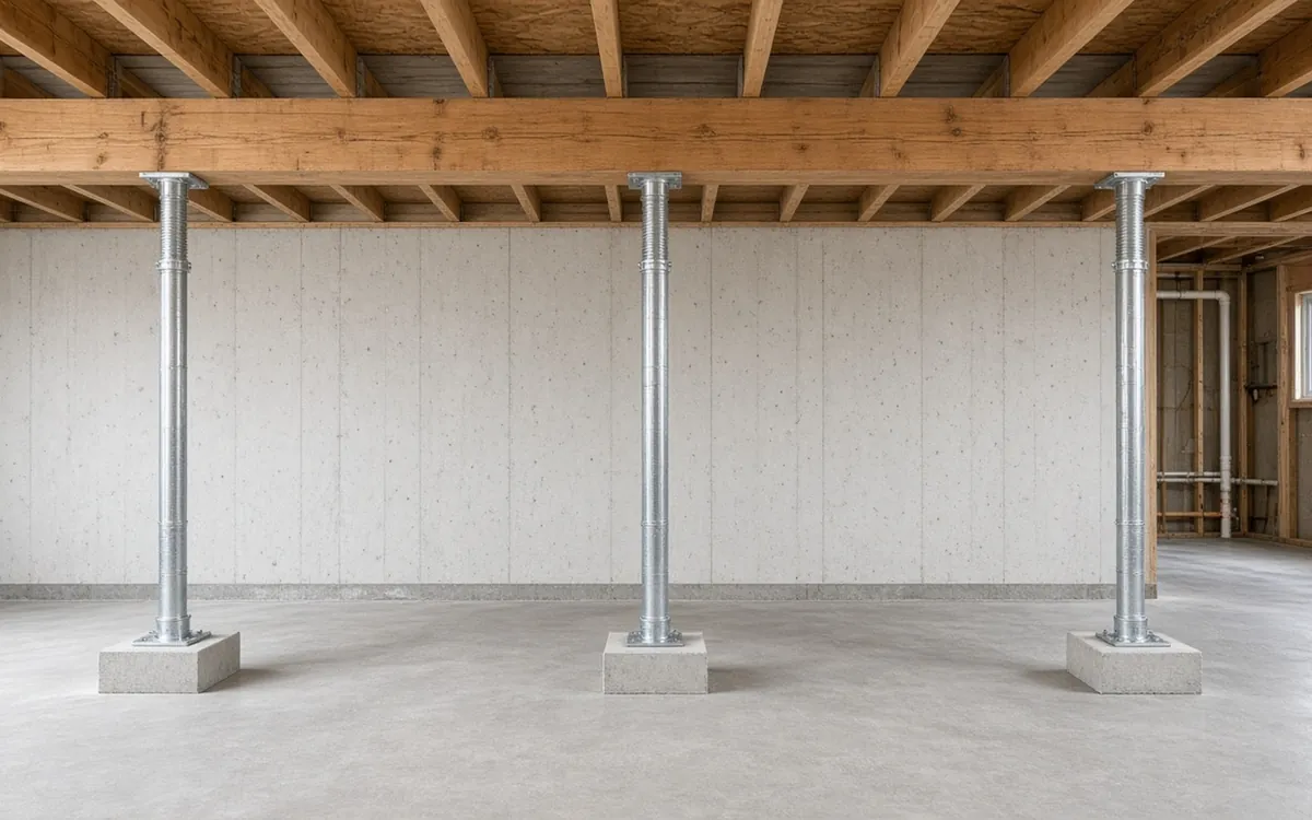 Adjustable steel floor supports under a level beam