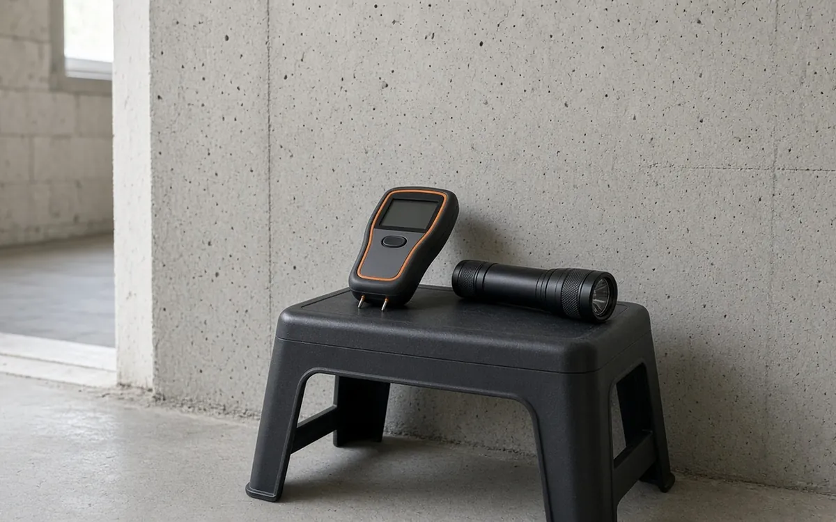 Basement inspection tools by a concrete wall