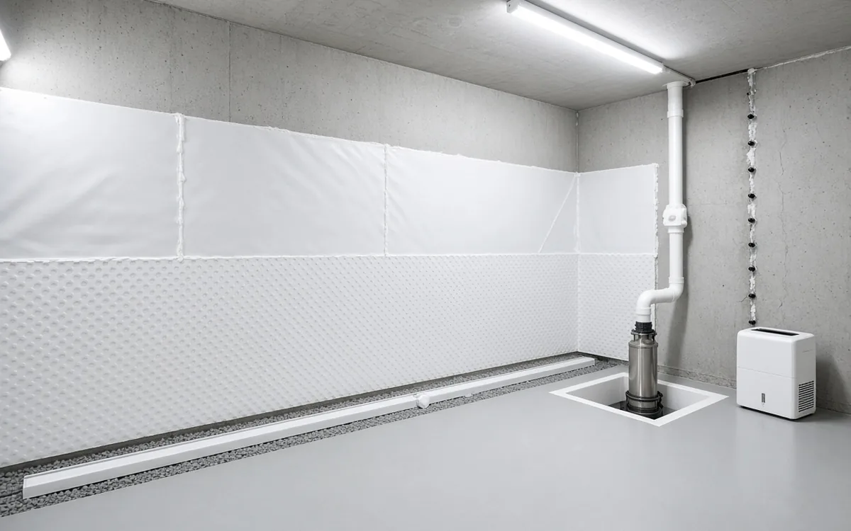 Interior drain tile along a basement wall with wall liner, draining to a sump