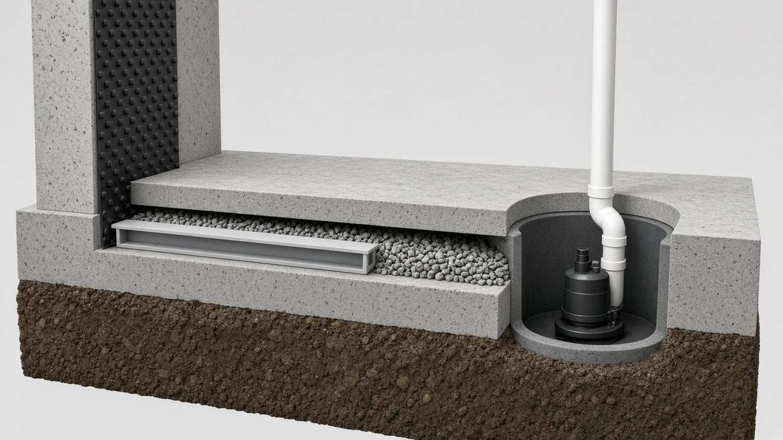 Cutaway of a rectangular drainage channel on top of the footing in clean gravel under the slab, draining to a sump pump basin