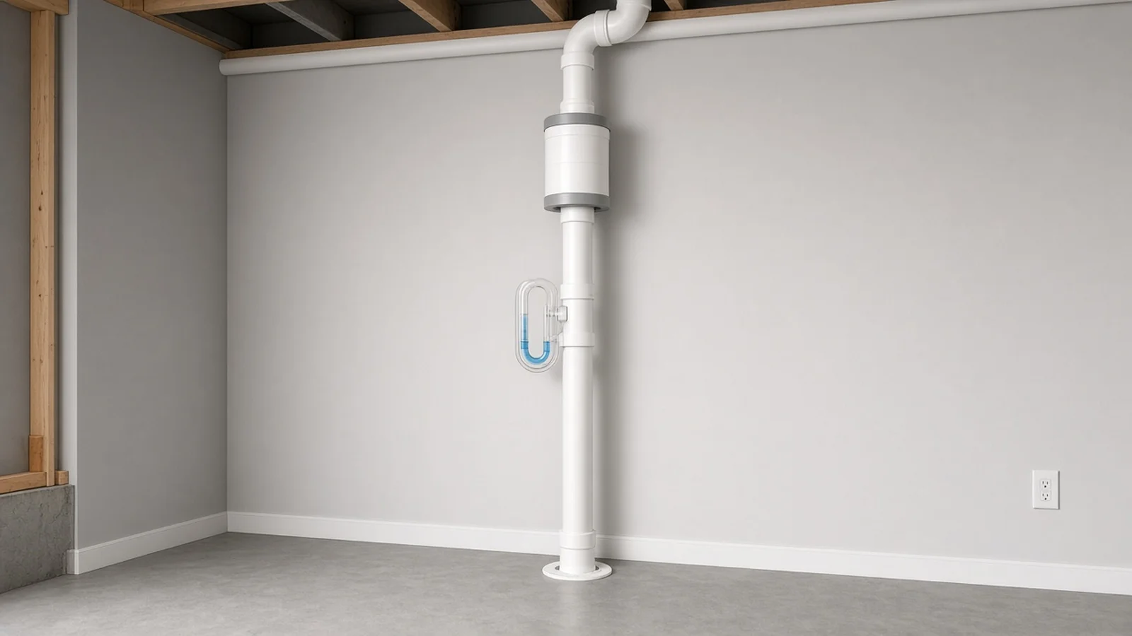 Radon mitigation pipe with an inline fan and pressure gauge in a basement