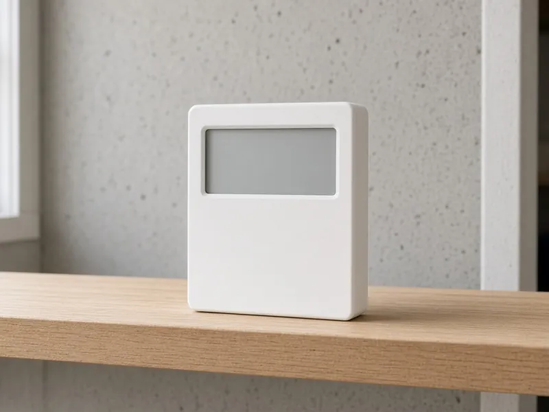 Radon test detector on a basement shelf