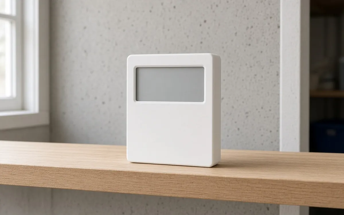 Radon test detector on a basement shelf
