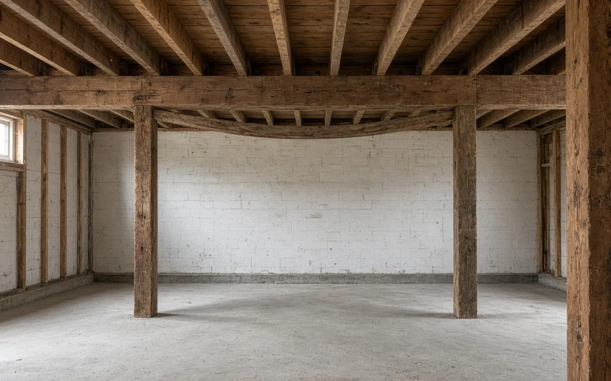 Sagging floor beam over a basement with weakened supports