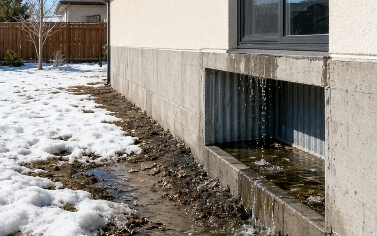 Snowmelt pooling against a foundation wall