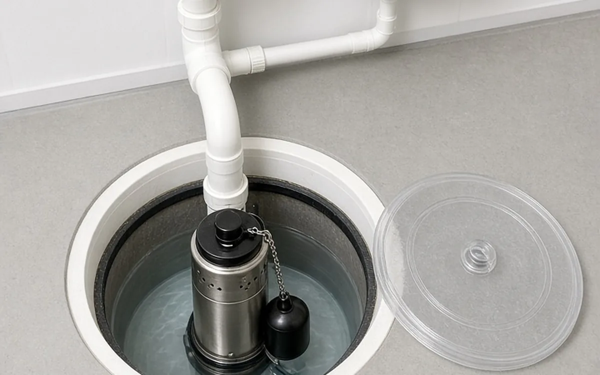 Sump pump in its basin