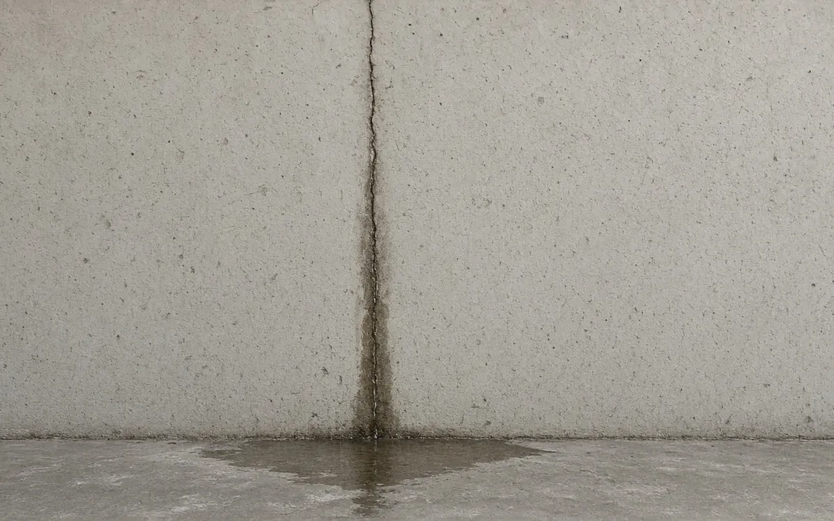 Non-structural basement wall crack leaking water onto the floor
