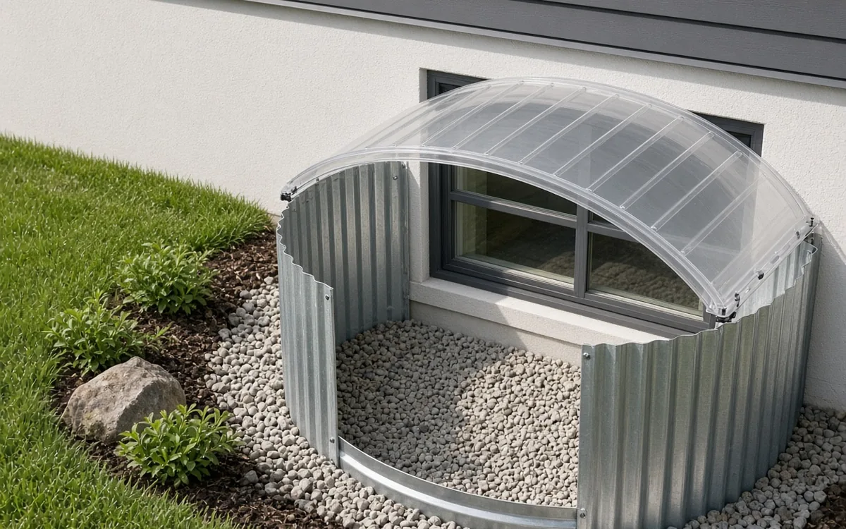 Drained window well with a clear dome cover