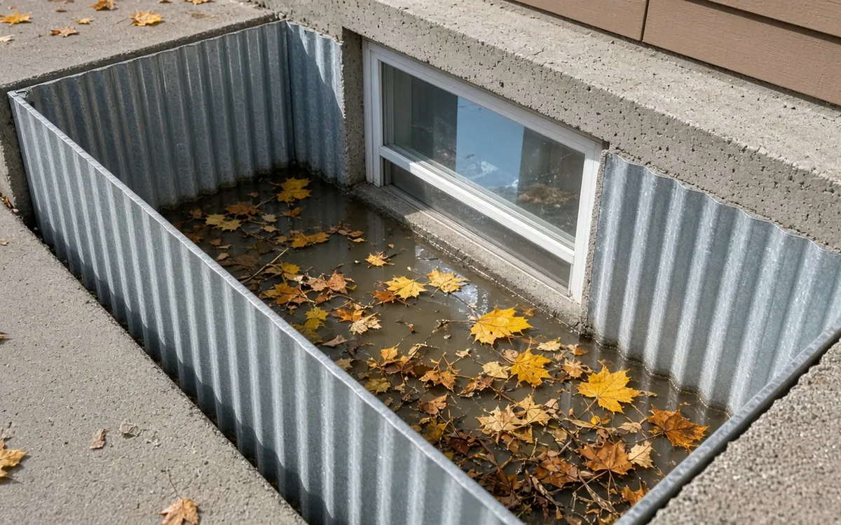 Window well filled with water and leaves